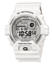 Shock-resistant with a high-intensity backlight, this G-Shock watch sets the standard for durability. Shock-resistant with a high-intensity backlight, this G-Shock watch sets the standard for durability.