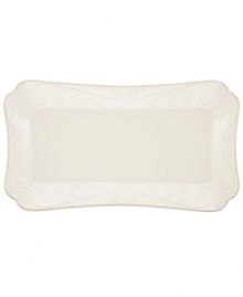 With fanciful beading and a feminine edge, the hors d''oeuvre tray from the Lenox French Perle dinnerware collection has an irresistibly old-fashioned sensibility. Hard-wearing stoneware is dishwasher safe and, in a soft white hue with antiqued trim, a graceful addition to any meal. Qualifies for Rebate With fanciful beading and a feminine edge, the hors d''oeuvre tray from the Lenox French Perle dinnerware collection has an irresistibly old-fashioned sensibility. Hard-wearing stoneware is dishwasher safe and, in a soft white hue with antiqued trim, a graceful addition to any meal. Qualifies for Rebate