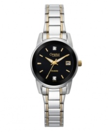 Subtle gold tone accents add an elegant edge to this watch by Caravelle by Bulova. Two-tone mixed metal bracelet and round case. Black enamel dial features diamond accents at twelve and six o'clock, gold tone stick indices, date window at three o'clock, three hands and logo. Quartz movement. Water resistant to 30 meters. Two-year limited warranty.