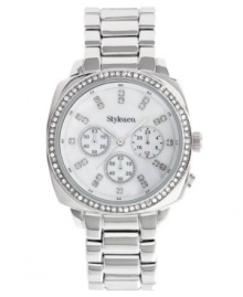 Arrive on time and with a flourish. Sparkling watch by Style&co. crafted of silver tone mixed metal bracelet and round case. Bezel embellished with crystal accents. Mother-of-pearl dial features crystal accents at markers, three subdials, three hands and logo. Quartz movement. Splash resistant. Two-year limited warranty. Arrive on time and with a flourish. Sparkling watch by Style&co. crafted of silver tone mixed metal bracelet and round case. Bezel embellished with crystal accents. Mother-of-pearl dial features crystal accents at markers, three subdials, three hands and logo. Quartz movement. Splash resistant. Two-year limited warranty.