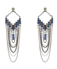 Back to the future. Kenneth Cole New York reinvents an '80s-era staple--the swag silhouette--as chic, contemporary chandelier earrings. Featuring blue and silver baguette crystals as well as chain embellishment, they're set in hematite tone and silver tone mixed metal. Approximate drop: 3-1/2 inches.