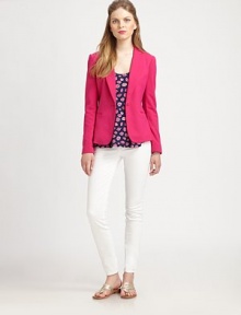 Let there be bright this season. This brilliant blazer will add a pop of color to any wardrobe.Notched collarSingle button closurePrincess seamsWelt pocketsBack ventFully linedAbout 23 from shoulder to hem71% polyester/27% rayon/2% spandexDry cleanImported Model shown is 5'10(177cm) wearing US size Small. 