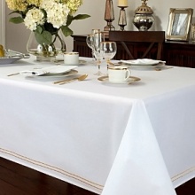 Classic and crisp white 100% cotton table linen with double banded barrata stitch. It compliments any patterned dinnerware for formal entertaining. Classic and crisp white 100% cotton table linen with double banded barrata stitch. It compliments any patterned dinnerware for formal entertaining.