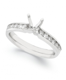 Start off your one-of-a-kind engagement ring by selecting your favorite ring setting. This stunning ring setting features a 4-prong design in 14k white gold. Round-cut diamonds at the shoulders (3/8 ct. t.w.) add extra shine. Band width: 3 mm. Available in whole sizes 6-9. Start off your one-of-a-kind engagement ring by selecting your favorite ring setting. This stunning ring setting features a 4-prong design in 14k white gold. Round-cut diamonds at the shoulders (3/8 ct. t.w.) add extra shine. Band width: 3 mm. Available in whole sizes 6-9.