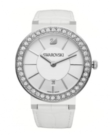 Silvery sparkle radiates from this lovely Citra watch by Swarovski. White croc-embossed leather strap and round stainless steel case. Bezel crystallized with Swarovski elements. Silvery white sunray dial with textured inner dial features applied silver tone stick indices, date window at six o'clock, logo at twelve o'clock and two hands. Swiss quartz movement. Water resistant to 30 meters. Two-year limited warranty.