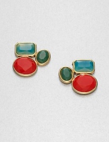 A colorful design featuring faceted stones in various shapes and sizes. Resin stones12k goldplated brassSize, about 2Post backImported A colorful design featuring faceted stones in various shapes and sizes. Resin stones12k goldplated brassSize, about 2Post backImported