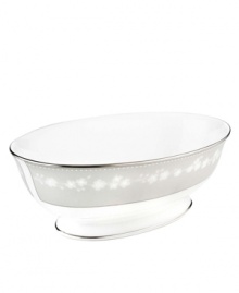 Pass the vegetables in a pleasing bone china bowl decorated with a delicate floral design with textured white beads and elegant platinum trim. From Lenox's dinnerware and dishes collection. Qualifies for Rebate Pass the vegetables in a pleasing bone china bowl decorated with a delicate floral design with textured white beads and elegant platinum trim. From Lenox's dinnerware and dishes collection. Qualifies for Rebate