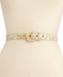 With metallic grommet detail, this MICHAEL Michael Kors belt showcases golden shimmer and logo love. With metallic grommet detail, this MICHAEL Michael Kors belt showcases golden shimmer and logo love.