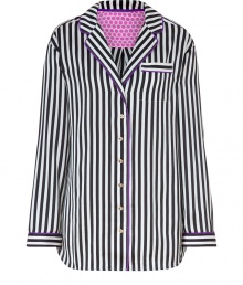 Ultra silky with bold monochrome striping, Juicy Coutures night shirt is a seriously stylish take on sleepwear - Notched collar, long sleeves, button-down front, chest pocket, purple trim, pink dotted side inserts - Relaxed fit - Wear alone, or over a cami and figure-hugging shorts Ultra silky with bold monochrome striping, Juicy Coutures night shirt is a seriously stylish take on sleepwear - Notched collar, long sleeves, button-down front, chest pocket, purple trim, pink dotted side inserts - Relaxed fit - Wear alone, or over a cami and figure-hugging shorts