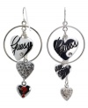 Get in the loop. GUESS's trendy charm earrings feature a triple heart design with a red enamel question mark, the signature logo, est. 1981, and sparkling crystal accents. Set in silver tone mixed metal. Approximate drop: 2 inches.