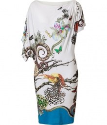 Detailed with a fantastic fusion of creatures and jewels, Roberto Cavallis printed draped dress is an ultra contemporary way to wear the brands iconic look - Bateau neckline, one short sleeve, one draped elbow-length dolman sleeve, pull-over style - Loosely draped top, form-fitting skirt - Wear with solid colored accessories and statement chunky jewelry Detailed with a fantastic fusion of creatures and jewels, Roberto Cavallis printed draped dress is an ultra contemporary way to wear the brands iconic look - Bateau neckline, one short sleeve, one draped elbow-length dolman sleeve, pull-over style - Loosely draped top, form-fitting skirt - Wear with solid colored accessories and statement chunky jewelry