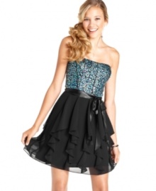 Vibrant and playful, this strapless dress by Hailey Logan hits all the right marks. A confetti-sequin bodice and on-trend ruffling create a super-fresh look! Vibrant and playful, this strapless dress by Hailey Logan hits all the right marks. A confetti-sequin bodice and on-trend ruffling create a super-fresh look!