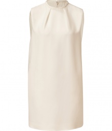 With a pristine shade of ivory silk and retro 60s silhouette, Valentinos modern tailored shift is an immaculate choice for day and evening alike - High-neckline with braided trim and pleat detail, sleeveless, pleated back - Loosely tailored fit, O-silhouette - Wear with flats and stacked up bangles, or with heels and a luxe leather jacket