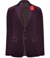 Infused retro-inspired sophistication with this slim cut velvet blazer from Etro - Notched lapels, two-button closure, single chest pocket, decorative flower pin at lapel, flap pockets at waist, double back vent, paisley lining, contrasting trim - Pair with slim trousers or jeans, a button down, and brogues
