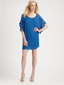 Filmy mesh chiffon drapes in an effortless scoopneck sheath.BoatneckDropped shouldersShort sleevesSleeveless polyester liningAbout 24 from natural waist63% silk/37% viscoseDry cleanImportedModel shown is 5'10½ (179cm) wearing US size Small.