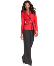 Evan Picone offers a glamorous way to update your work wardrobe. Flattering trousers coordinate with a belted, bold-hued jacket for a polished petite suit.