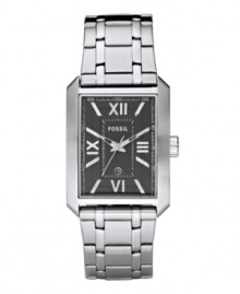 Accentuate your sophistication with this timeless dress watch from Fossil. Stainless steel bracelet and rectangular case. Textured black dial features silvertone stick indices, Roman numerals at twelve, three, six and nine o'clock, date window, luminous hands and logo. Quartz movement. Water resistant to 50 meters. Eleven-year limited warranty. Accentuate your sophistication with this timeless dress watch from Fossil. Stainless steel bracelet and rectangular case. Textured black dial features silvertone stick indices, Roman numerals at twelve, three, six and nine o'clock, date window, luminous hands and logo. Quartz movement. Water resistant to 50 meters. Eleven-year limited warranty.