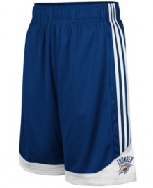 Get a step up on your competition and channel your favorite NBA basketball team with these Oklahoma Thunder shorts from adidas. Get a step up on your competition and channel your favorite NBA basketball team with these Oklahoma Thunder shorts from adidas.