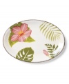 Feel like you're on holiday with Clay Art's tropical Hibiscus platter, featuring rosy pink blooms and a rustic cocoa-brown rim in dishwasher-safe earthenware.