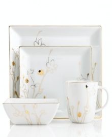 Wildflowers sparkle as they grow on the glazed white porcelain of Gold Silhouette square dinnerware. A banded edge adds a classic touch to a collection of place settings with modern spirit. Wildflowers sparkle as they grow on the glazed white porcelain of Gold Silhouette square dinnerware. A banded edge adds a classic touch to a collection of place settings with modern spirit.