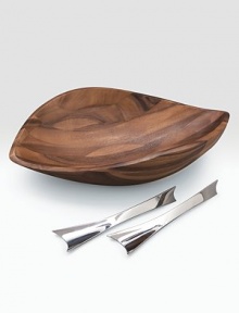 An artisan bowl is handcrafted of dense, durable acacia with a finely patterned grain and modern, sloping lines. Unique servers made of stainless steel define this beautiful serving set. 19W X 5H X 12½D Hand wash Imported An artisan bowl is handcrafted of dense, durable acacia with a finely patterned grain and modern, sloping lines. Unique servers made of stainless steel define this beautiful serving set. 19W X 5H X 12½D Hand wash Imported