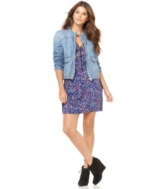 Denim gets redone in a stylish bomber-inspired jacket from DKNY Jeans. Pair it with a flirty dress and wedge heels for effortless cool! Denim gets redone in a stylish bomber-inspired jacket from DKNY Jeans. Pair it with a flirty dress and wedge heels for effortless cool!