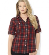 Rendered in soft cotton flannel, Lauren Ralph Lauren's classic plus size shirt is finished with a heritage plaid pattern and optional rolled cuffs for versatile style.