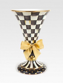 Showcase your favorite flowers in this fresh flared vase rendered in handmade and hand-painted ceramic and finished with golden accents and a dramatic grosgrain bow.From the Courtly Check collectionCeramic with golden lustre12¼H x 8 diam.Hand washMade in USA Showcase your favorite flowers in this fresh flared vase rendered in handmade and hand-painted ceramic and finished with golden accents and a dramatic grosgrain bow.From the Courtly Check collectionCeramic with golden lustre12¼H x 8 diam.Hand washMade in USA