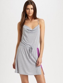 An easy-to-wear colorblocked design, with a drawstring waist for a comfortable and figure-flattering fit. Cowl neckThin spaghetti strapsDropped waist with drawstring tieRacerbackAbout 35 long70% polyester/30% rayonMachine washImported An easy-to-wear colorblocked design, with a drawstring waist for a comfortable and figure-flattering fit. Cowl neckThin spaghetti strapsDropped waist with drawstring tieRacerbackAbout 35 long70% polyester/30% rayonMachine washImported