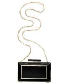 Add some exotic allure to your evening ensemble with this chic, croc-embossed clutch from BCBGMAXAZRIA. Featuring a ladylike chain-link strap and golden piping, the petite design also tucks discretely under an arm and offers enough room for lipstick, keys and ID. Add some exotic allure to your evening ensemble with this chic, croc-embossed clutch from BCBGMAXAZRIA. Featuring a ladylike chain-link strap and golden piping, the petite design also tucks discretely under an arm and offers enough room for lipstick, keys and ID.