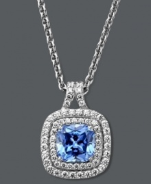 Pure elegance comes easy with Arabella. This stunning square-shaped pendant highlights a blue Swarovski zirconia (4-1/5 ct. t.w.) surrounded by dazzling round-cut white zirconias (7/8 ct. t.w.). Crafted in sterling silver. Approximate length: 18 inches. Approximate drop: 1/2 inch. Pure elegance comes easy with Arabella. This stunning square-shaped pendant highlights a blue Swarovski zirconia (4-1/5 ct. t.w.) surrounded by dazzling round-cut white zirconias (7/8 ct. t.w.). Crafted in sterling silver. Approximate length: 18 inches. Approximate drop: 1/2 inch.