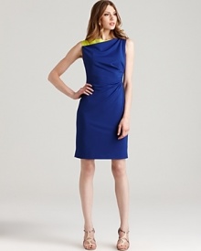 Ultramarine is accented with neon lime on Elie Tahari's Olympia dress, a color-rich look on an asymmetric silhouette.