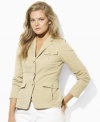 Structured in sleek stretch twill, this plus size Lauren by Ralph Lauren jacket combines casual style with timeless elegance.