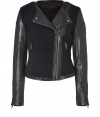 With classic biker styling, this luxe leather combo jacket is the perfect transitional season outfit topper - Round neck, asymmetrical zip closure, optional fold-over lapels, shearling panels, zipper pockets and cuffs, fitted silhouette - Style with skinny jeans or cropped trousers and ankle boots