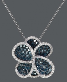 Draw attention to your neckline in this beautiful bloom. Bella Bleu by Effy Collection's stunning pendant features an intricate floral shape with round-cut blue diamond petals (1-1/8 ct. t.w.) trimmed by sparkling white diamonds at the edges (3/8 ct. t.w.). Setting and chain crafted in 14k white gold. Approximate length: 18 inches. Approximate drop: 3/4 inch. Draw attention to your neckline in this beautiful bloom. Bella Bleu by Effy Collection's stunning pendant features an intricate floral shape with round-cut blue diamond petals (1-1/8 ct. t.w.) trimmed by sparkling white diamonds at the edges (3/8 ct. t.w.). Setting and chain crafted in 14k white gold. Approximate length: 18 inches. Approximate drop: 3/4 inch.