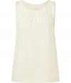 Add trend-right style to your casual look with this creamy white silk top from Marc by Marc Jacobs - Round neck with gathering details, sleeveless, relaxed silhouette, long body - Pair with skinny jeans, embellished ballet flats, and an oversized tote