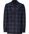 The classic peacoat gets a preppy redux with this stylish plaid version from PS Paul Smith - Wide notched lapels, long sleeves, double-breasted, front button placket, slit pockets at chest, flap pockets at waist, slim fit, all-over plaid print - Style with a wool pullover, jeans, and boots