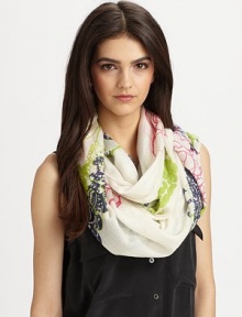 A luxurious blend of silk and cashmere with a wild and romantic print. 50% silk/50% cashmereAbout 28 X 80Dry cleanImported A luxurious blend of silk and cashmere with a wild and romantic print. 50% silk/50% cashmereAbout 28 X 80Dry cleanImported