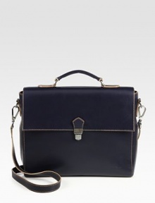 Top-stitching accents this sleek business case, crafted of the finest Italian calfskin.Top handleFlap front latch closureGusseted three compartment interior with zip pocket14W X 10½H X 3DMade in Italy Top-stitching accents this sleek business case, crafted of the finest Italian calfskin.Top handleFlap front latch closureGusseted three compartment interior with zip pocket14W X 10½H X 3DMade in Italy
