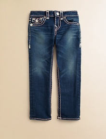 Stylish and sweet, this adorable pair of mini-me jeans has requisite, heritage-inspired, contrast stitching and silver hardware for added flare.Front button closureWaistband with belt loopsZip flyFive-pocket style98% cotton/2% spandexMachine washImported of domestic fabric Stylish and sweet, this adorable pair of mini-me jeans has requisite, heritage-inspired, contrast stitching and silver hardware for added flare.Front button closureWaistband with belt loopsZip flyFive-pocket style98% cotton/2% spandexMachine washImported of domestic fabric