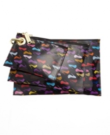 Kick up your heels: you can organize in style with this set of three zip pouches from Steve Madden available in a range of hip prints - including sky-high stilettos. You can clip them together or use them solo. Kick up your heels: you can organize in style with this set of three zip pouches from Steve Madden available in a range of hip prints - including sky-high stilettos. You can clip them together or use them solo.
