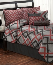Modern stripes zig and zag in bold colors for a contemporary presentation in this jacquard woven Tihany comforter set. Comes complete with coordinating shams and decorative pillows. Modern stripes zig and zag in bold colors for a contemporary presentation in this jacquard woven Tihany comforter set. Comes complete with coordinating shams and decorative pillows.