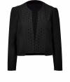 Channel new-season style in this eyelet-embellished cropped jacket from Vanessa Bruno Ath? - Rounded neck, eyelet details on front, cropped silhouette, small chest pocket, two slit pockets at waist - Pair with a tee, a lace skirt, ribbed tights, and ballet flats