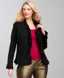 Ruffles adorn this adorable plus size jacket from INC. Sleek ponte knit ensures this piece is wearable the whole year round.