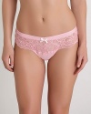 A sheer lace thong with wide sides and contrast bow on front.