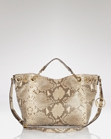 This effortless chain-trimmed tote captures the cosmopolitan essence of MICHAEL Michael Kors with its spacious profile and sophisticated, embossed leather. This effortless chain-trimmed tote captures the cosmopolitan essence of MICHAEL Michael Kors with its spacious profile and sophisticated, embossed leather.