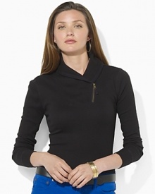 A soft cotton jersey pullover is made with a heritage shawl collar and chic zip-up detailing.