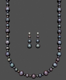 Exotic shimmer. This unique jewelry set features a matching strand necklace and pair of drop earrings. Crafted from black cultured freshwater pearls (4-10 mm) and a sterling silver setting. Approximate length: 18 inches. Approximate drop: 1-1/2 inches.