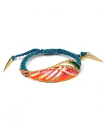 Let it slide. RACHEL Rachel Roy's vibrant bracelet features an openwork wing with orange and pink epoxy and glass stone accents. Placed on a fabric cord with gold tone adjustable tips. Set in worn gold tone mixed metal. Approximate diameter: 2-1/2 inches. Approximate length: 7-1/4 inches.