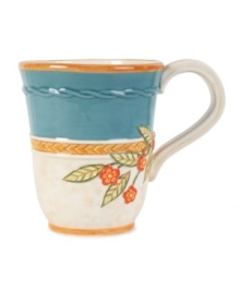 Rope accents and a band of cool blue make this mug stand out amid the vibrant patterns of Carissa Paisley dinnerware from Fitz and Floyd. Rope accents and a band of cool blue make this mug stand out amid the vibrant patterns of Carissa Paisley dinnerware from Fitz and Floyd.